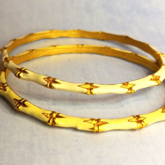 KJL Kenneth J Lane "Bamboo" Bracelets 2x White Enamel w Gold Leaf + Wash - Picture 2 of 15